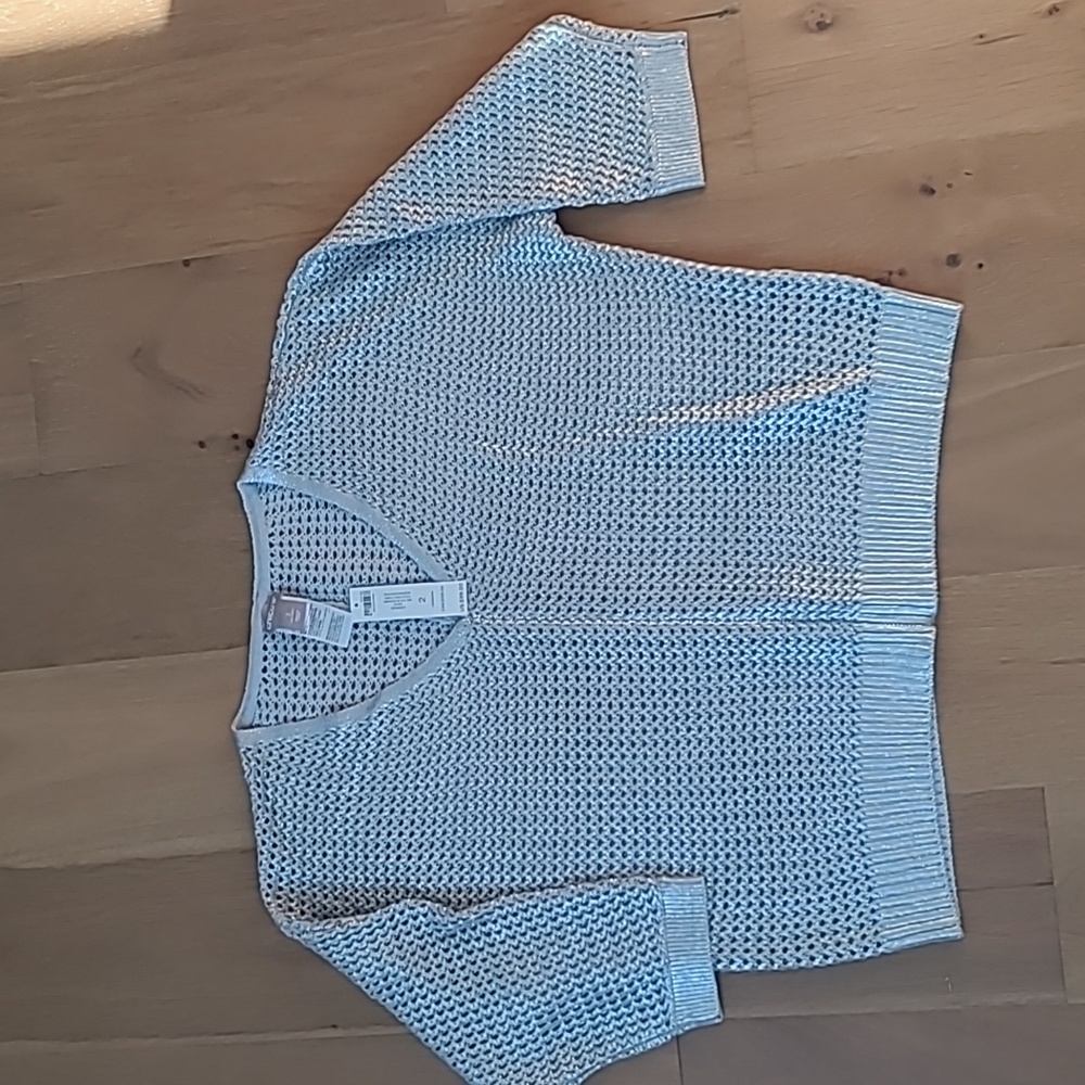 Chicos V-neck open stitch sweater with silver